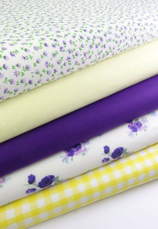 Fabric Bundles Fat Quarters Polycotton Material Vintage Florals Gingham Craft - Yellow Purple