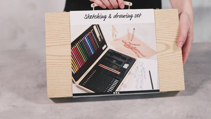 Sketch and Drawing Set Wooden Case Coloured Drawing Pencils Wooden Mannequin Doll,