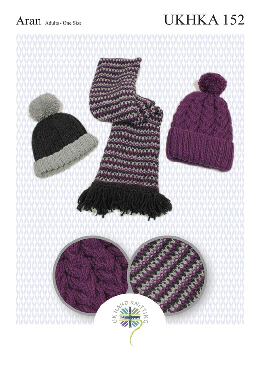 Aran Knitting Pattern Black Grey Purple Colour Adult Scarf Hats - Home - Crafts