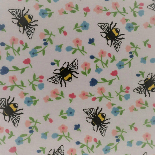 Bumble Bees White Blue Polycotton Children Fabric Sold By Half Metre - Home - Crafts
