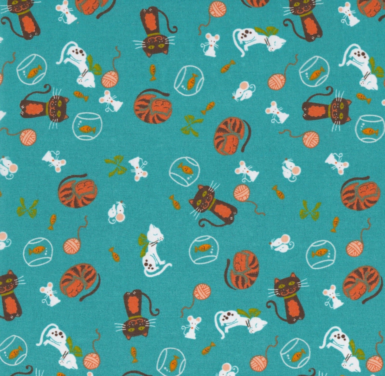 Cats Mice Goldfish Teal Polycotton Children Fabric Choose Size - Home - Crafts