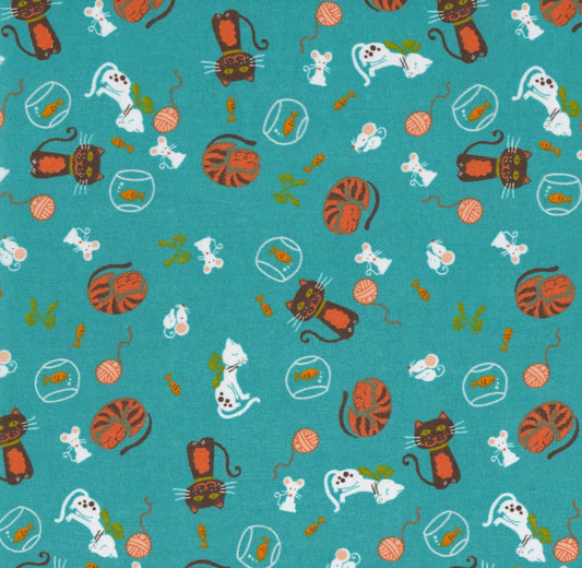 Cats Mice Goldfish Teal Polycotton Children Fabric Choose Size - Home - Crafts