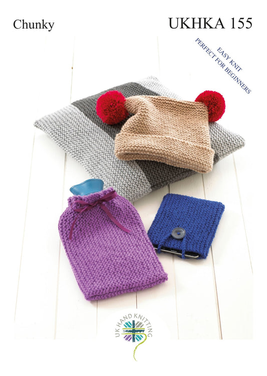 Chunky Yarn Knitting Pattern Easy Knit Hat Cushion Hot Water Bottle Phone Covers - Home - Crafts