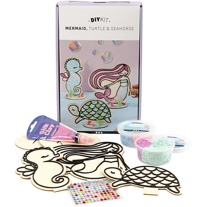DIY Kit Wooden Figures Foam Clay Rhinestones Decoration Crafts - Mermaid Turtle Seahorse - Home - Crafts