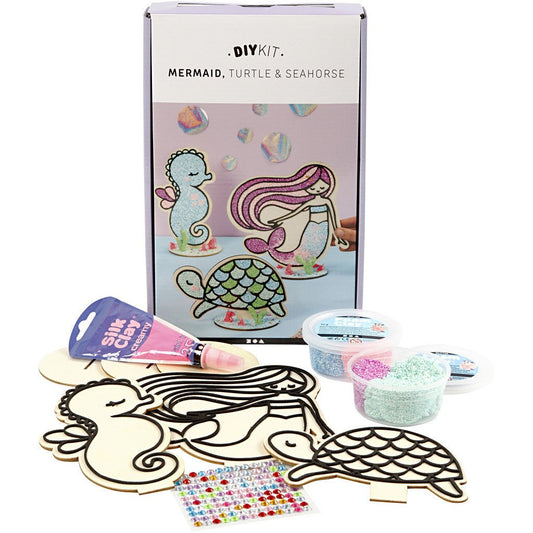 DIY Kit Wooden Figures Foam Clay Rhinestones Decoration Crafts - Mermaid Turtle Seahorse - Home - Crafts