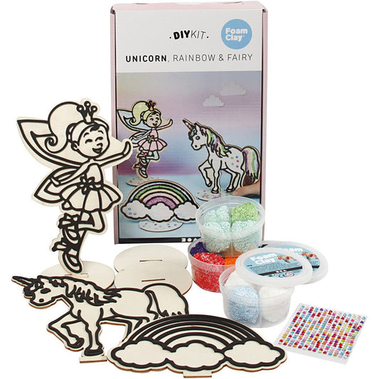DIY Wooden Motifs Kit With Foam Clay Decoration Animals Figures Crafts - Fairy Unicorn Rainbow - Home - Crafts