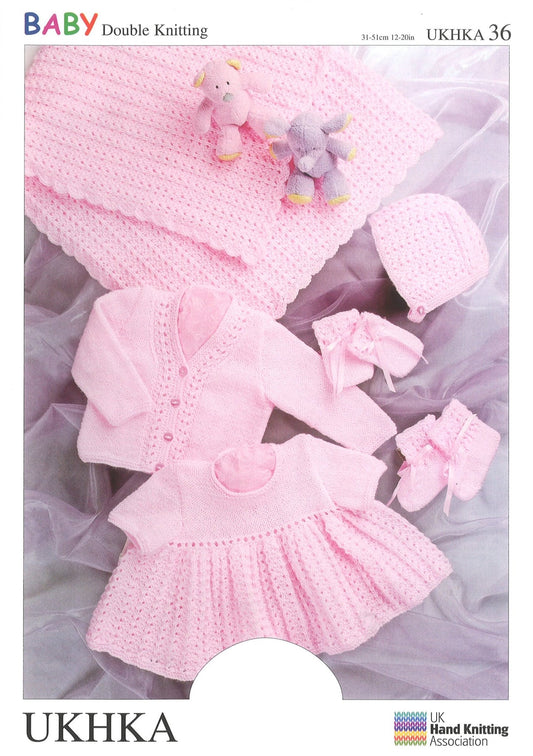 Double Knitting Pattern Shawl Dress Hat Mittens Booties 0 To 1 years 31 - 51 cm 12 - 20 inches - Home - Crafts