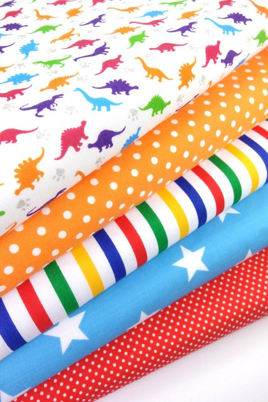 Fabric Bundles Fat Quarters Polycotton Material Dinosaurs Spots Stars Children Craft - Home - Crafts