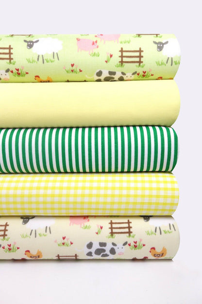 Fabric Bundles Fat Quarters Polycotton Material Farmyard Green Yellow Gingham Children Craft - Home - Crafts