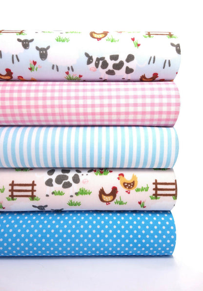 Fabric Bundles Fat Quarters Polycotton Material Farmyard Pink Blue Gingham Children Craft - Home - Crafts