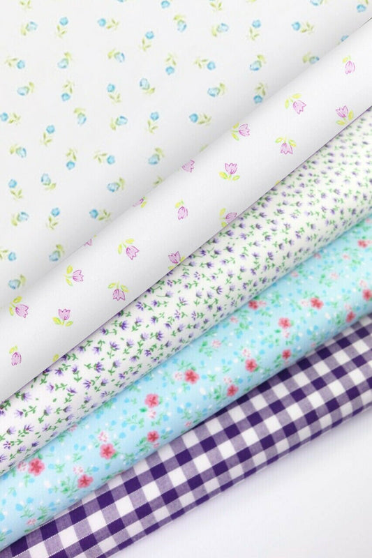 Fabric Bundles Fat Quarters Polycotton Material Florals Gingham Spots Craft - AQUA & PURPLE - Home - Crafts