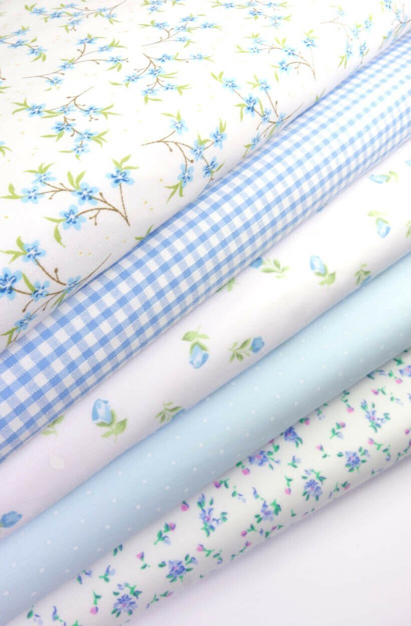 Fabric Bundles Fat Quarters Polycotton Material Florals Gingham Spots Craft - BLUE - Home - Crafts
