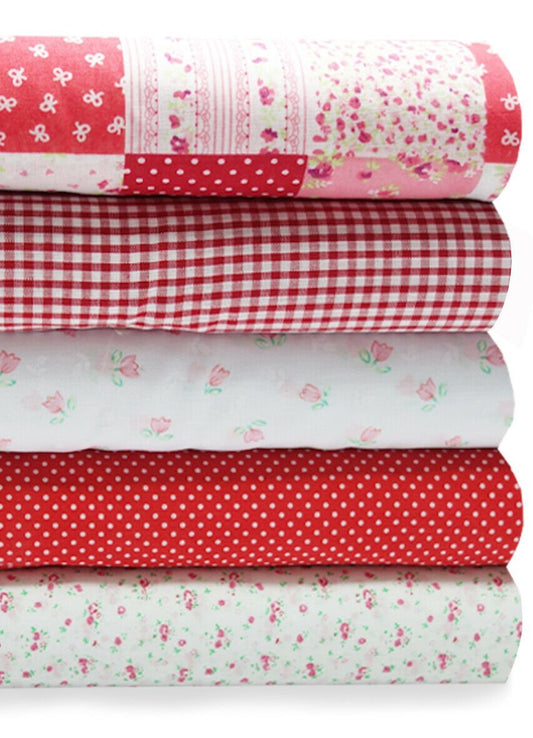 Fabric Bundles Fat Quarters Polycotton Material Florals Gingham Spots Craft - PATCHWORK BUNDLE RED - Home - Crafts
