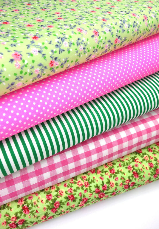 Fabric Bundles Fat Quarters Polycotton Material Florals Gingham Spots Craft - PINK LIME - Home - Crafts