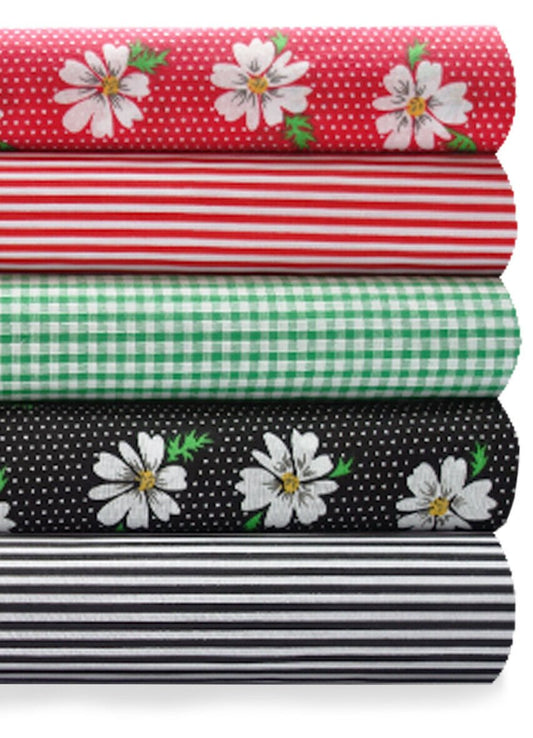 Fabric Bundles Fat Quarters Polycotton Material Florals Gingham Spots Craft -RED & BLACK DAISES