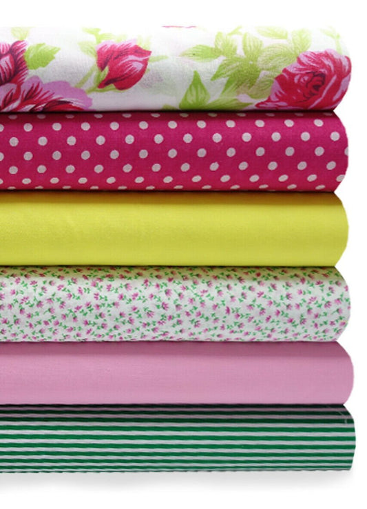 Fabric Bundles Fat Quarters Polycotton Material Florals Gingham Spots Craft - ROSES LIME GREEN & PINK - Home - Crafts