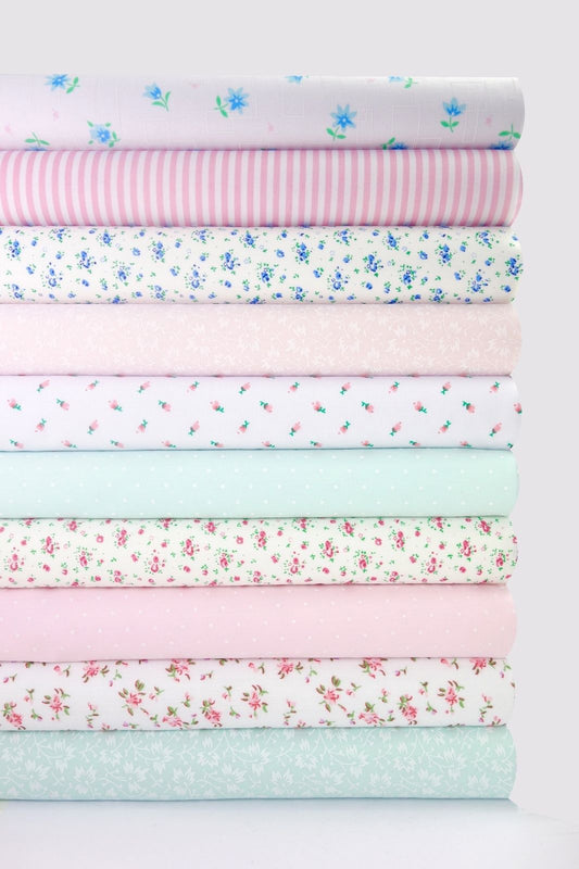 Fabric Bundles Fat Quarters Polycotton Material Florals Spots Stripes Craft - AQUA PINK - Home - Crafts