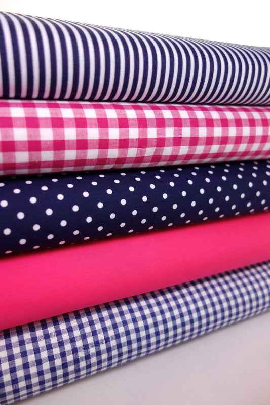 Fabric Bundles Fat Quarters Polycotton Material Gingham Spots Craft - NAVY CERISE - Home - Crafts