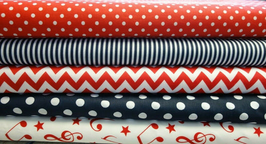 Fabric Bundles Fat Quarters Polycotton Material Red Navy Geometrics Musical Children Craft - Home - Crafts