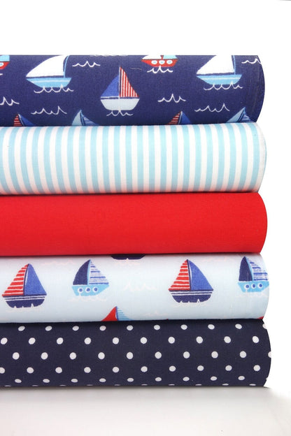 Fabric Bundles Fat Quarters Polycotton Material Sailing Boats Spots Plain Children Craft - Home - Crafts