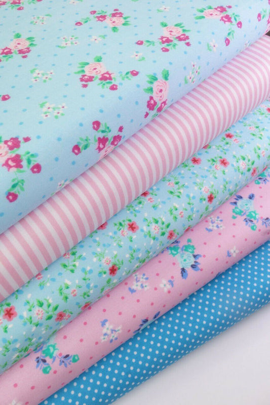 Fabric Bundles Fat Quarters Polycotton Material Vintage Florals Spots Craft - Blue Pink - Home - Crafts