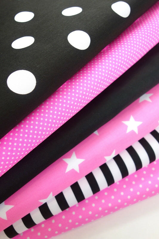 Geometric Fabric Bundles Fat Quarters Polycotton Material Stars Spots Craft - PINK BLACK - Home - Crafts
