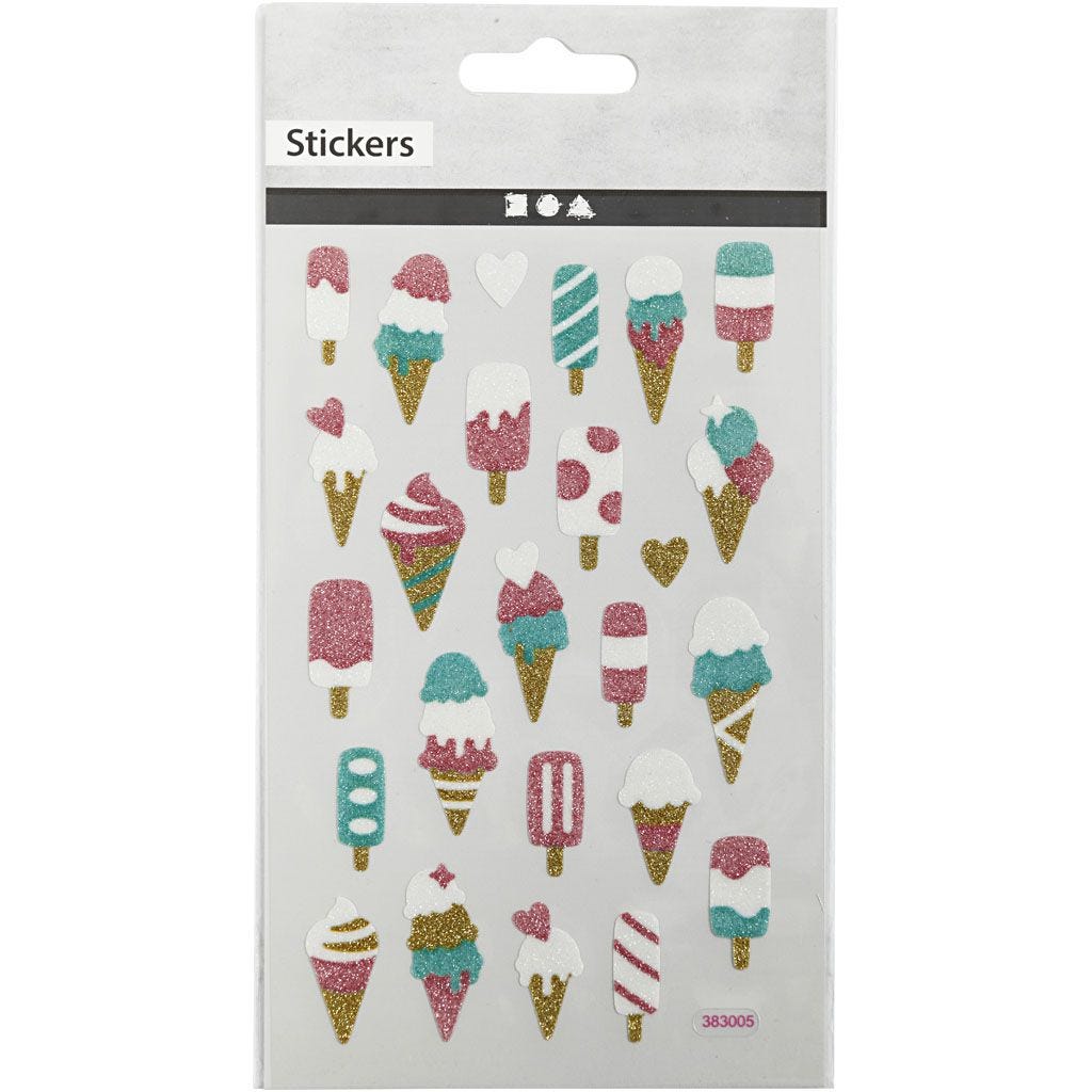 Ice Cream Glitter Stickers Sheet 10x16cm Sparkly Self-Adhesive Punched Greeting Cards Gift Tags
