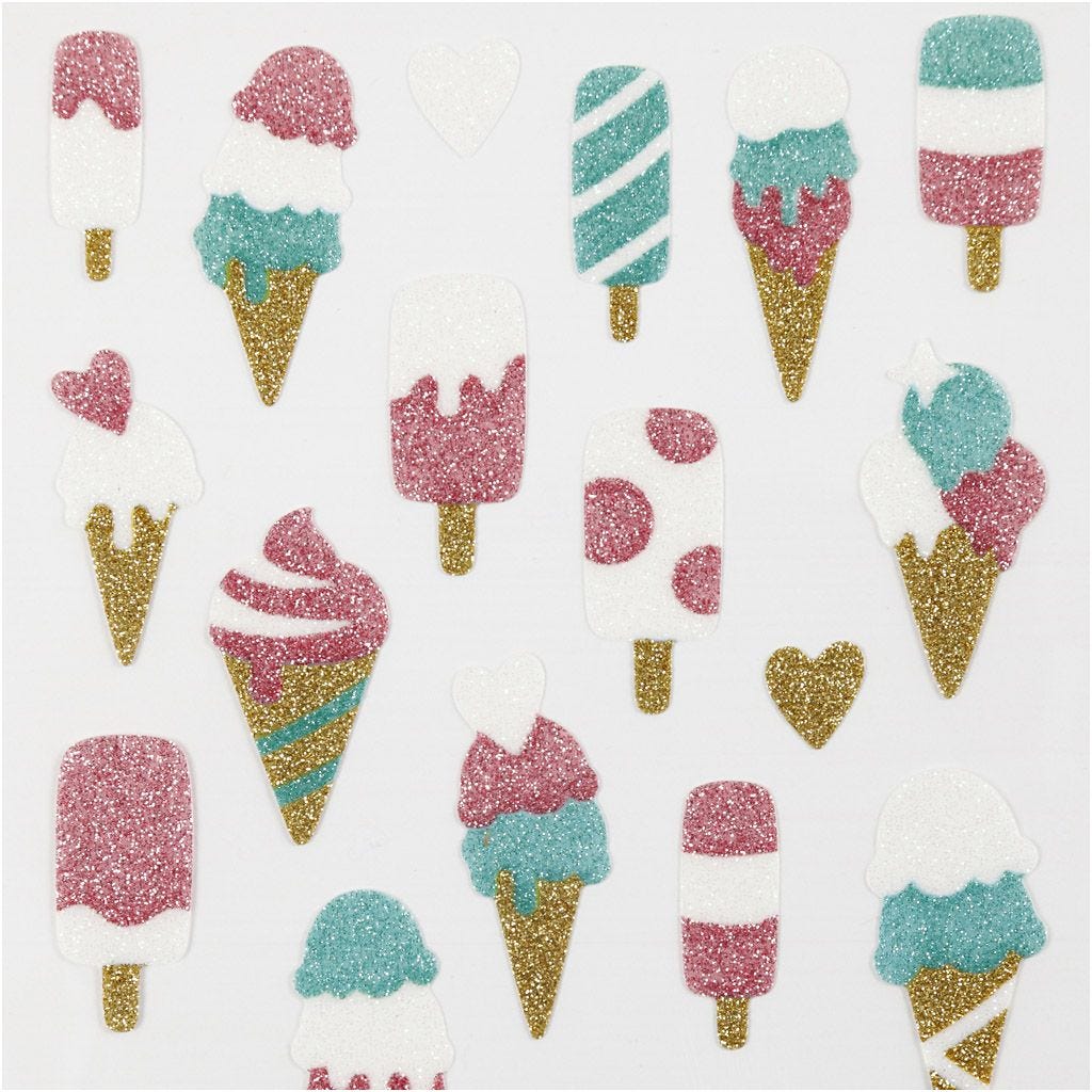 Ice Cream Glitter Stickers Sheet 10x16cm Sparkly Self-Adhesive Punched Greeting Cards Gift Tags