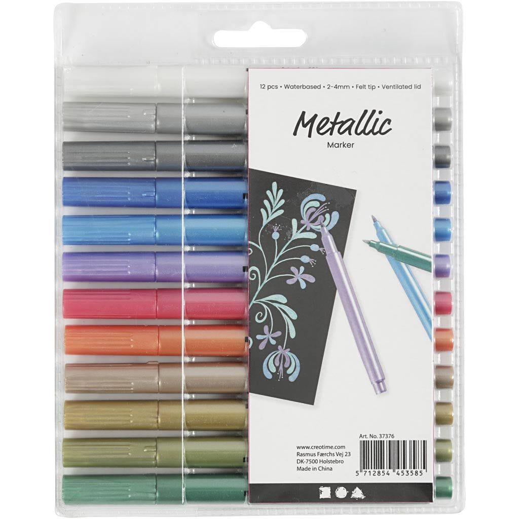 Metallic Marker 2-4mm 12pc Water Based Felt Tip Vented Caps Decoration Lettering Illustration Cards