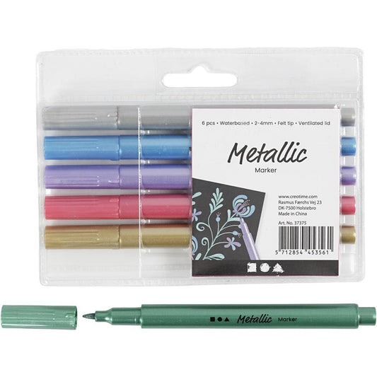 Metallic Marker 2-4mm 6pc Water Based Felt Tips Vented Caps Decoration Lettering Illustration Cards