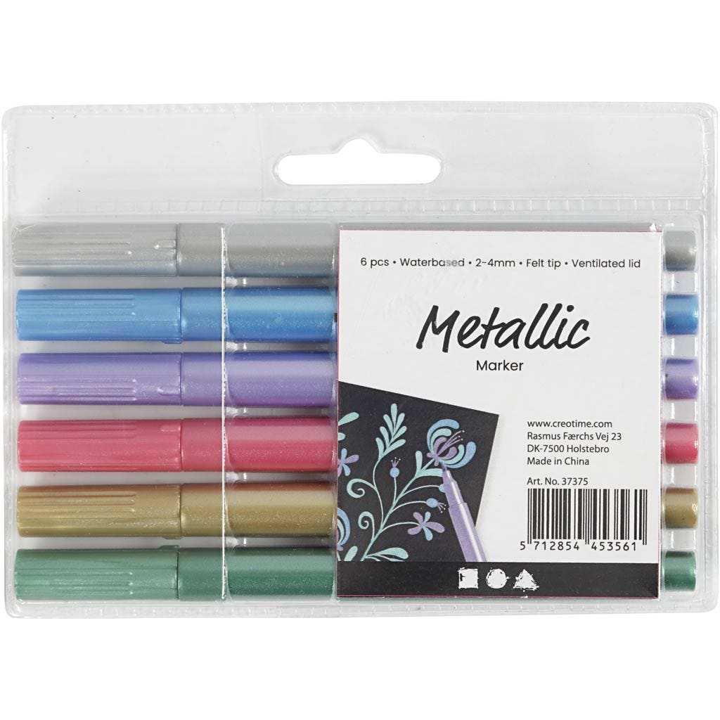 Metallic Marker 2-4mm 6pc Water Based Felt Tips Vented Caps Decoration Lettering Illustration Cards