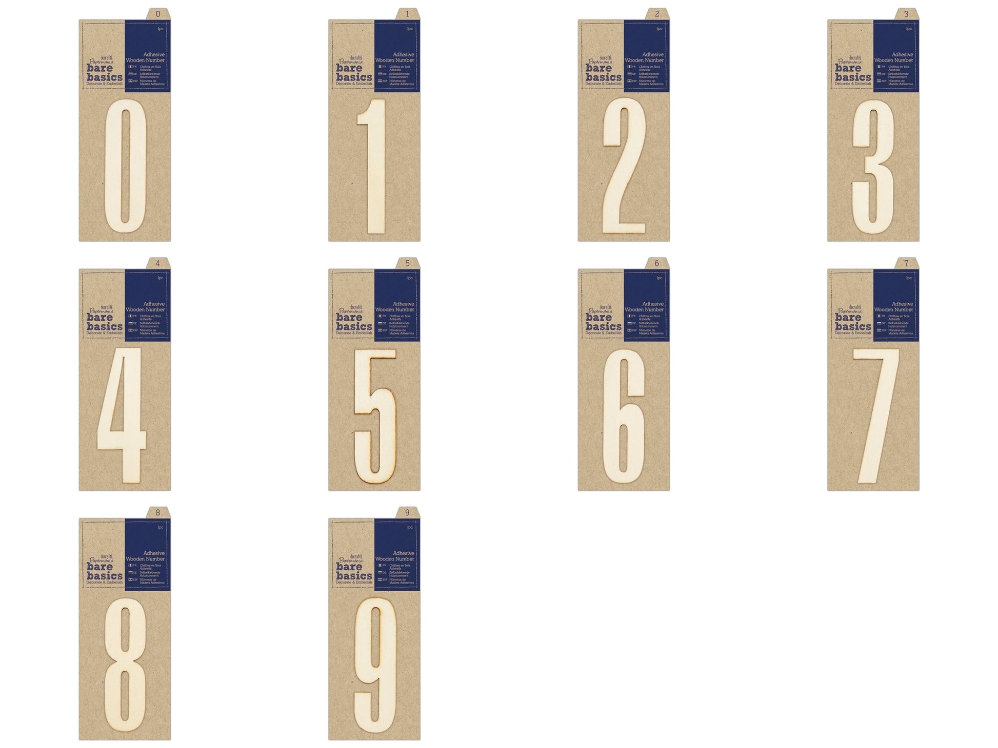 Papermania Bare Basics Adhesive Wooden Numbers (0 - 9) Decoration Scrapbooking Crafts 10cm - Home - Crafts
