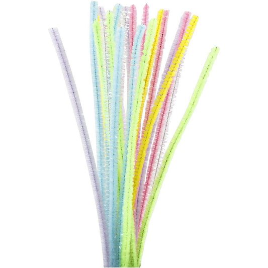 Pipe Cleaners 30cm Chenille Stems Nylon Bristles 6mm Glitter Pastel Colours 24pc