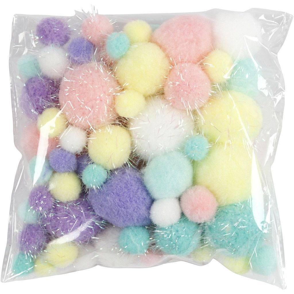 Pompoms 15-40mm Glitter Soft Plush Round Pastel Colours 62g Crafting Decor