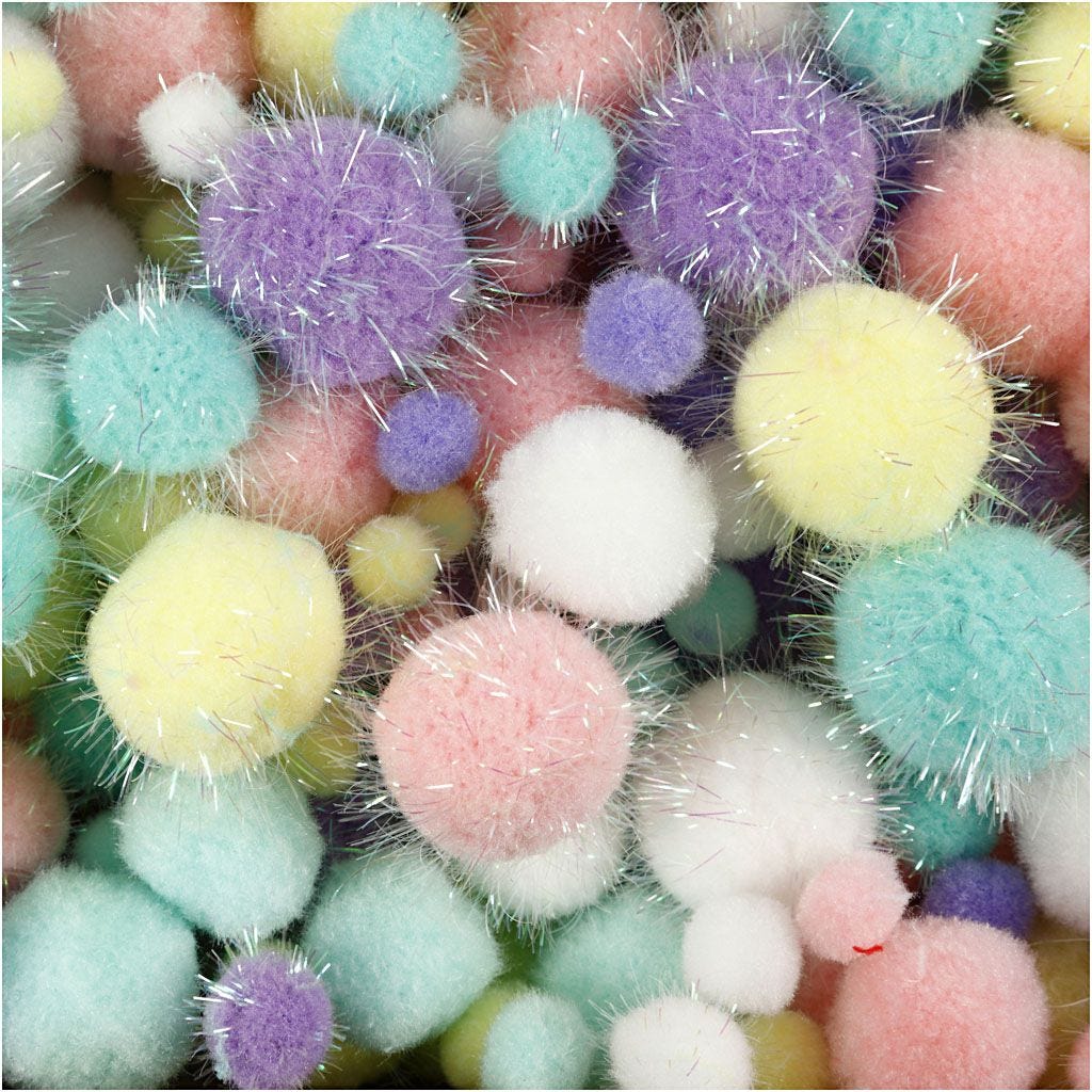 Pompoms Glitter Round Decoration 15-40mm Pastel Colours 400g Pack