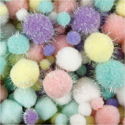 Pompoms Glitter Round Decoration 15-40mm Pastel Colours 400g Pack