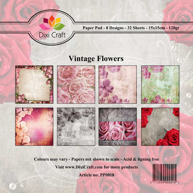 Dixi Craft 8 Designs Paper Pack 6" Card Making 32 Sheets VINTAGE FLOWERS AS SEEN ON TV - Hobby & Crafts
