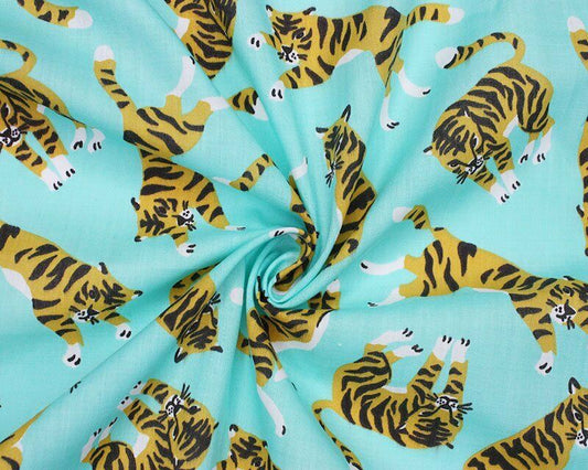 Roaming Tigers Aqua Polycotton Children Fabric - Home - Crafts