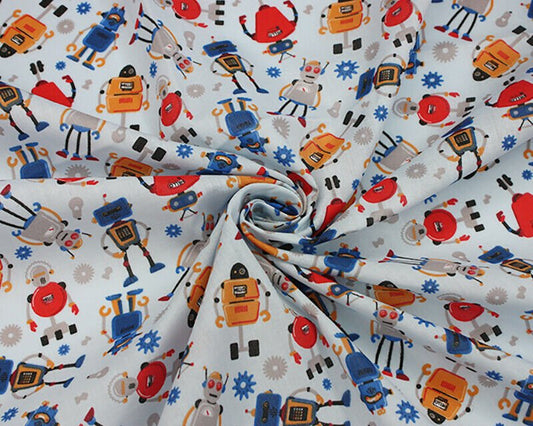 Robots Pale Blue Polycotton Children Fabric Sold By Half A Metre