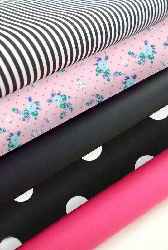 Fabric Bundles Fat Quarters Polycotton Material Florals Gingham Spots Craft -PINK & BLACK