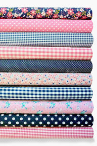 Fabric Bundles Fat Quarters Polycotton Material Florals Gingham Spots Craft -NAVY & PINK