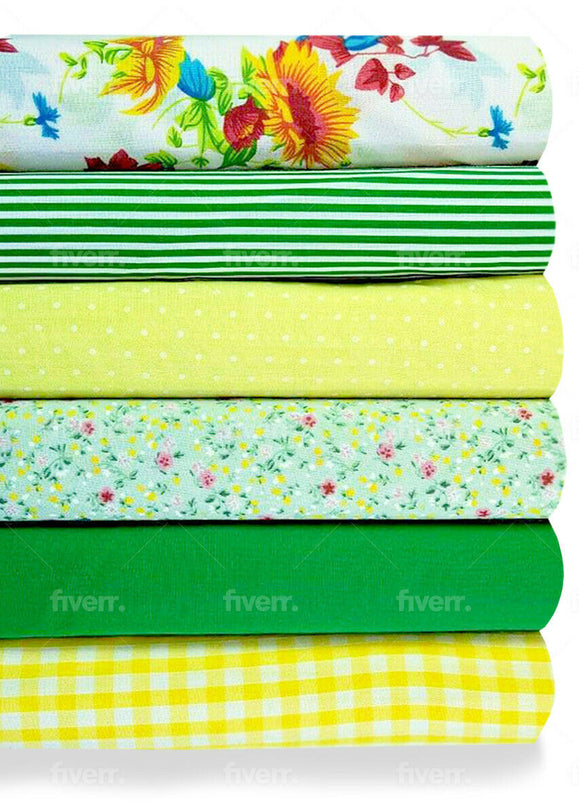 Fabric Bundles Fat Quarters Polycotton Material Florals Gingham Spots Craft -YELLOW & GREEN