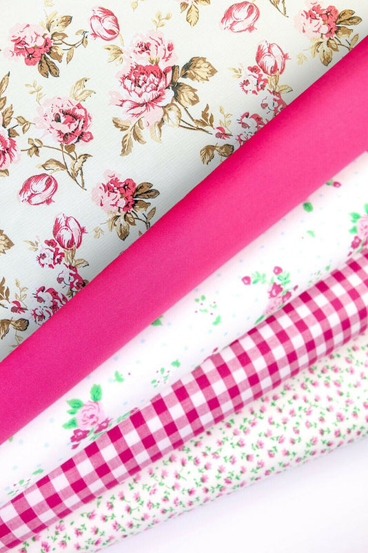 Fabric Bundles Fat Quarters Polycotton Material Florals Gingham Spots Craft -CERISE PINK