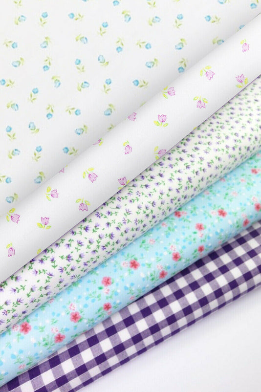 Fabric Bundles Fat Quarters Polycotton Material Florals Gingham Spots Craft -AQUA & PURPLE