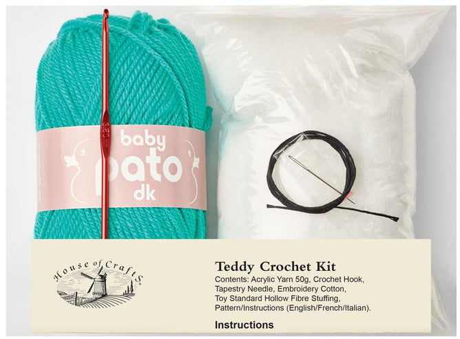 Teddy Crochet Kit | Instructions Acrylic Yarn Aluminium Crochet Hook Needle Cotton Fibre Stuffing