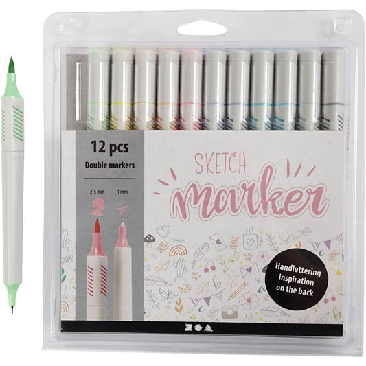 Sketch Marker Water Based Double Ended | Line 1+2+5mm Pastel Colours | 12Pc