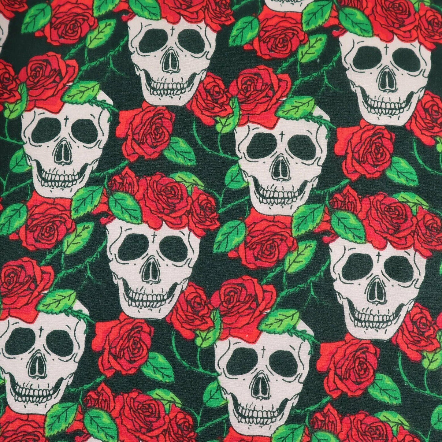 Skull Roses Black Polycotton Children Fabric - Home - Crafts