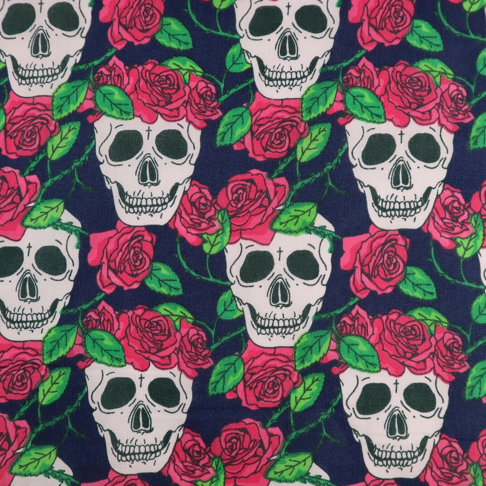 Skull Roses Navy Polycotton Children Fabric - Home - Crafts