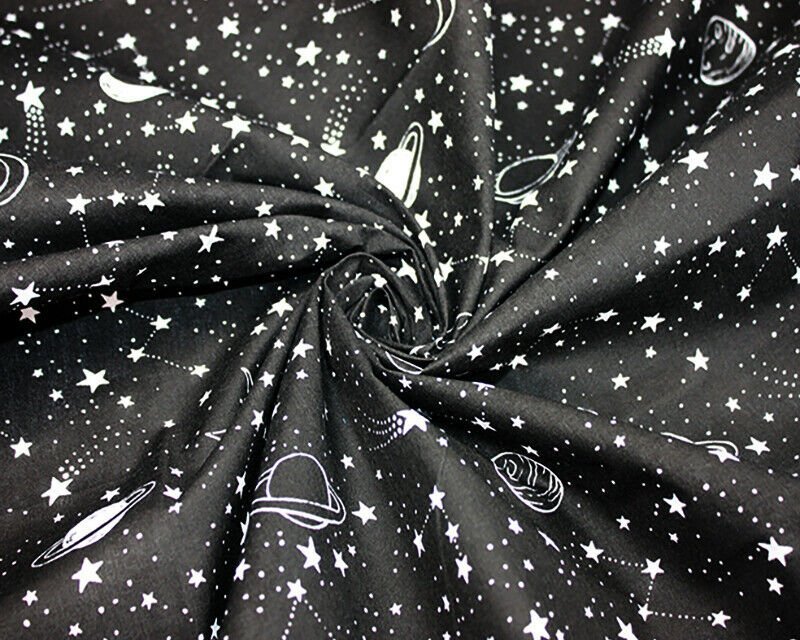 Stars & Planets Black Polycotton Children Fabric - Home - Crafts