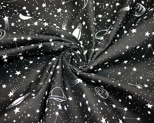 Stars & Planets Black Polycotton Children Fabric - Home - Crafts